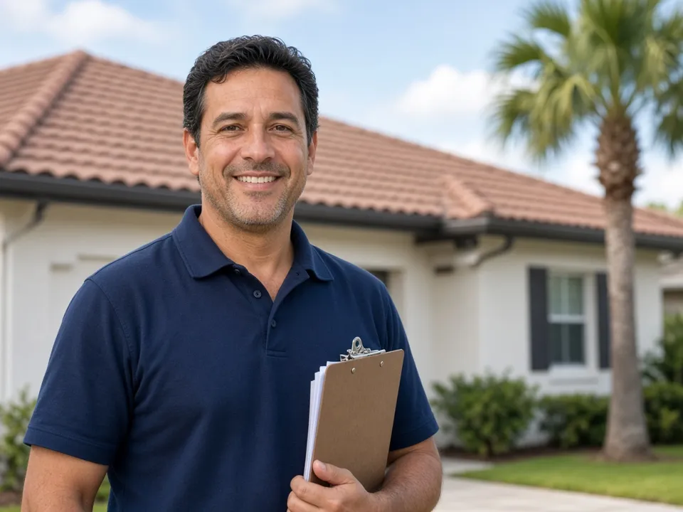 Smiling roofing company owner in a navy polo holding a clipboard outside a Florida home with a tile roof